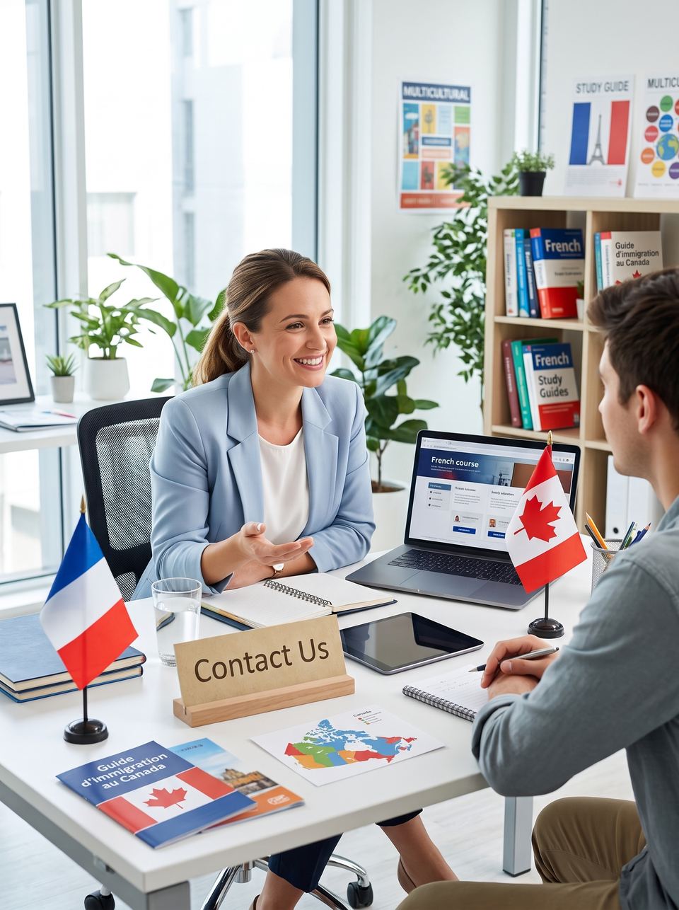 A friendly BBarters advisor talking with a student at a desk, with a Contact Us sign, French and Canadian flags and French study guides